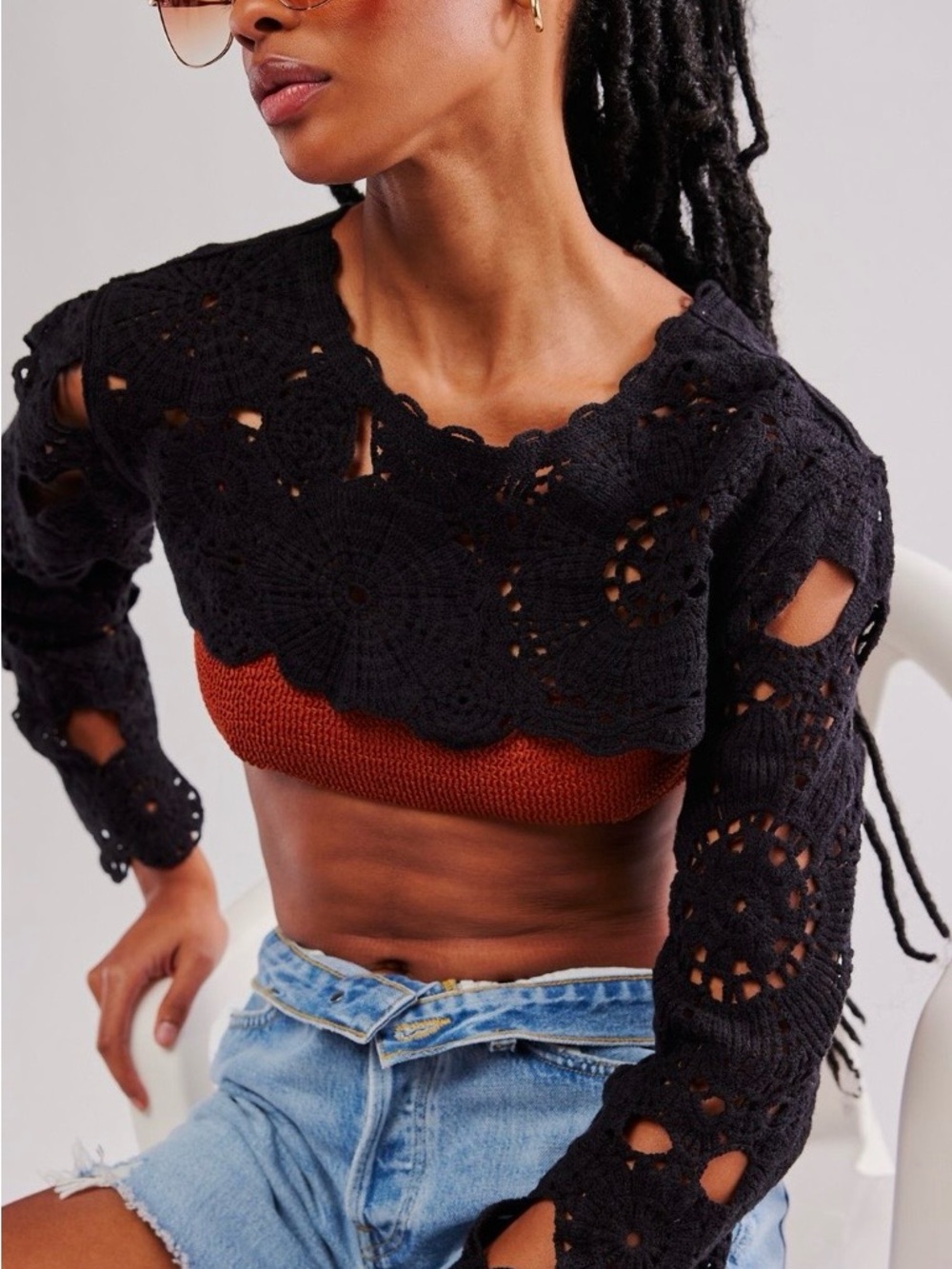 Free People Black Crochet Long-Sleeve Crop Top with Rust Underlay
